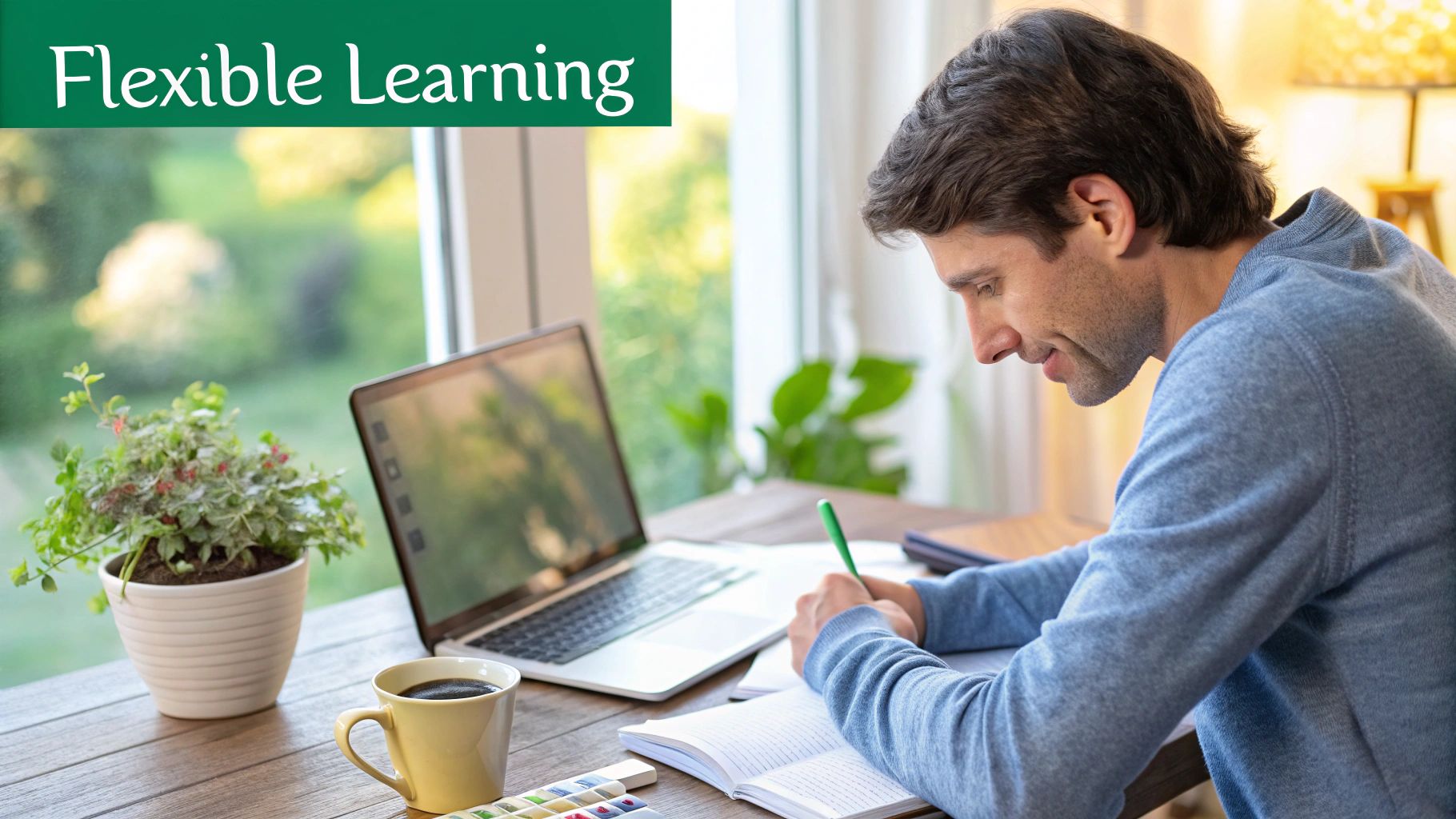 A man learning from home, writing in a notebook at a desk with a laptop and coffee.
