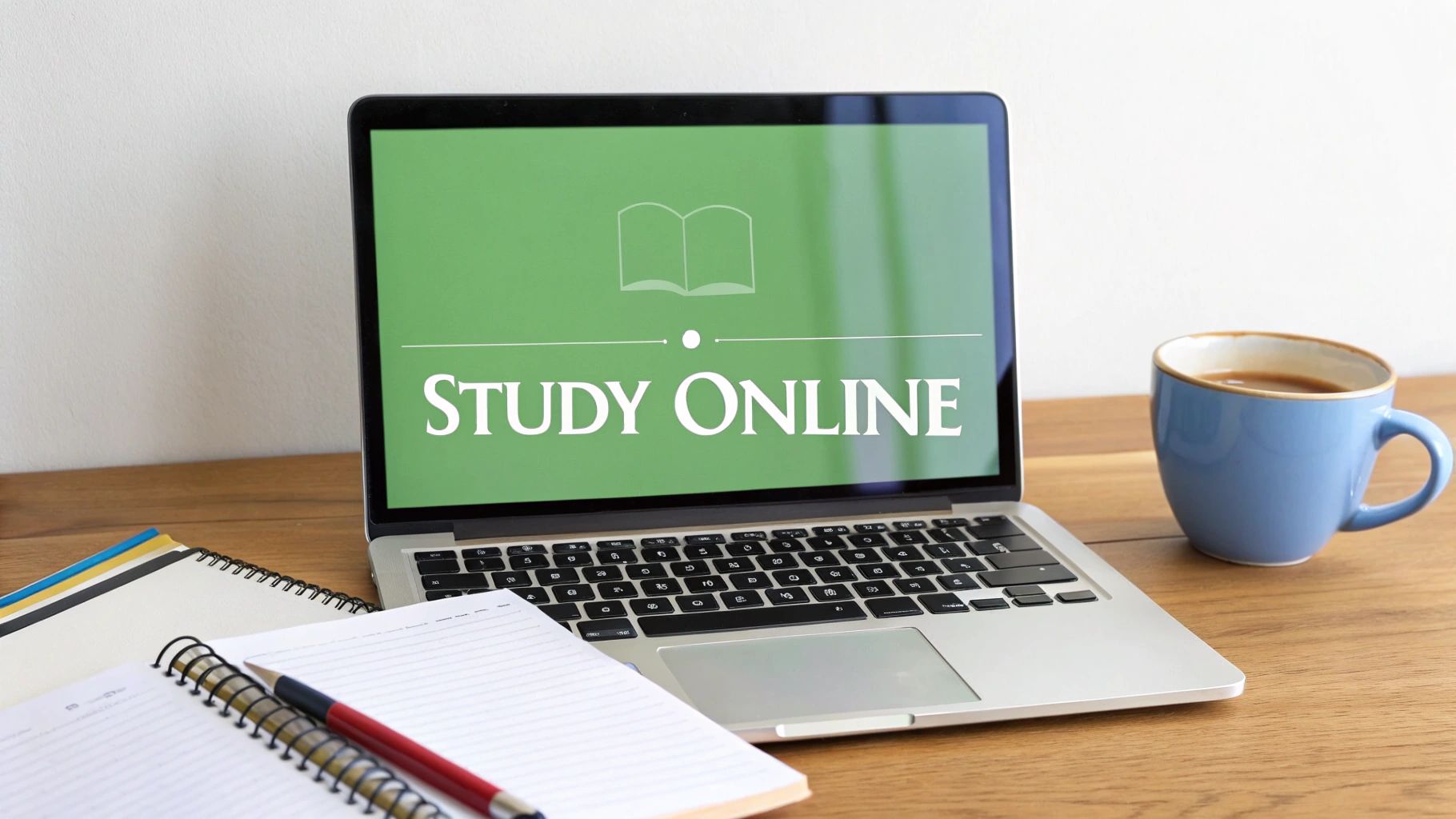 A laptop displaying 'STUDY ONLINE' with a book icon, next to a coffee mug and notebooks on a wooden desk.