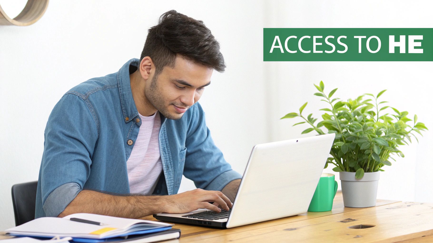 Young man working on a laptop at a wooden desk with a plant and green mug, 'ACCESS TO HE' text.