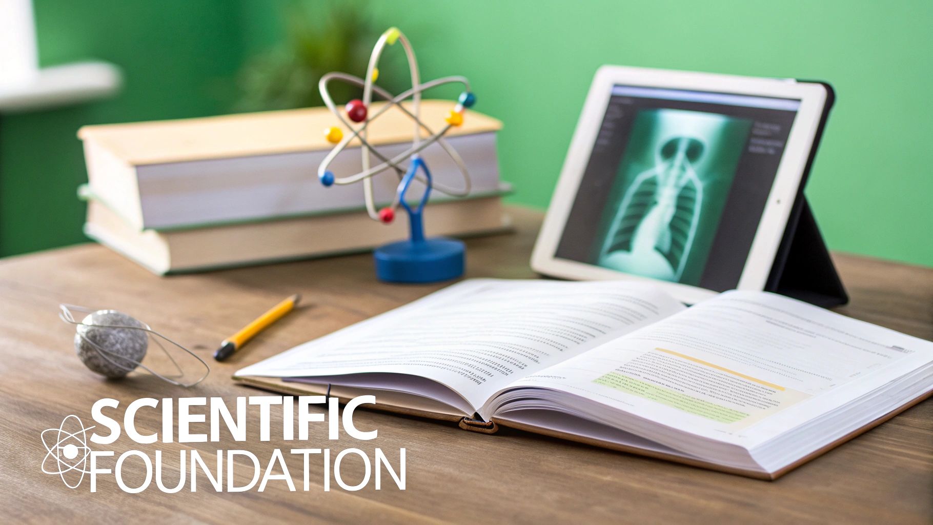 Desk with an atom model, books, X-ray on tablet, and open textbook for scientific study.