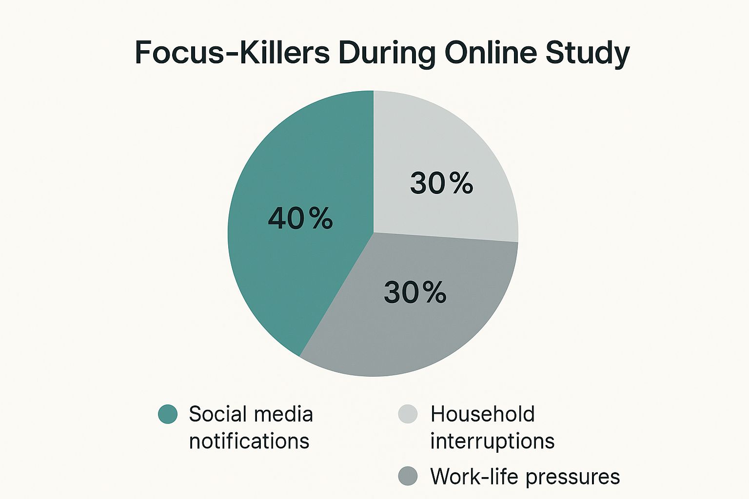 Infographic showing a pie chart of common focus-killers during online study: 40% social media, 30% household interruptions, and 30% work-life pressures