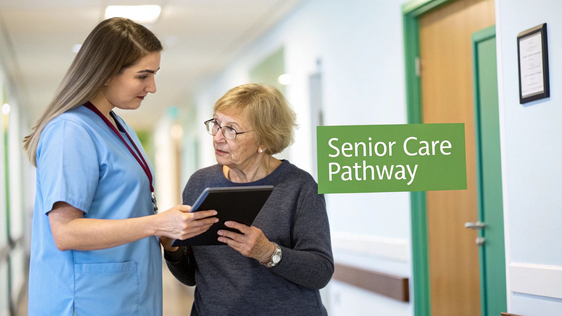 A healthcare professional and a senior woman review information on a tablet in a care facility hallway next to a 'Senior Care Pathway' sign.