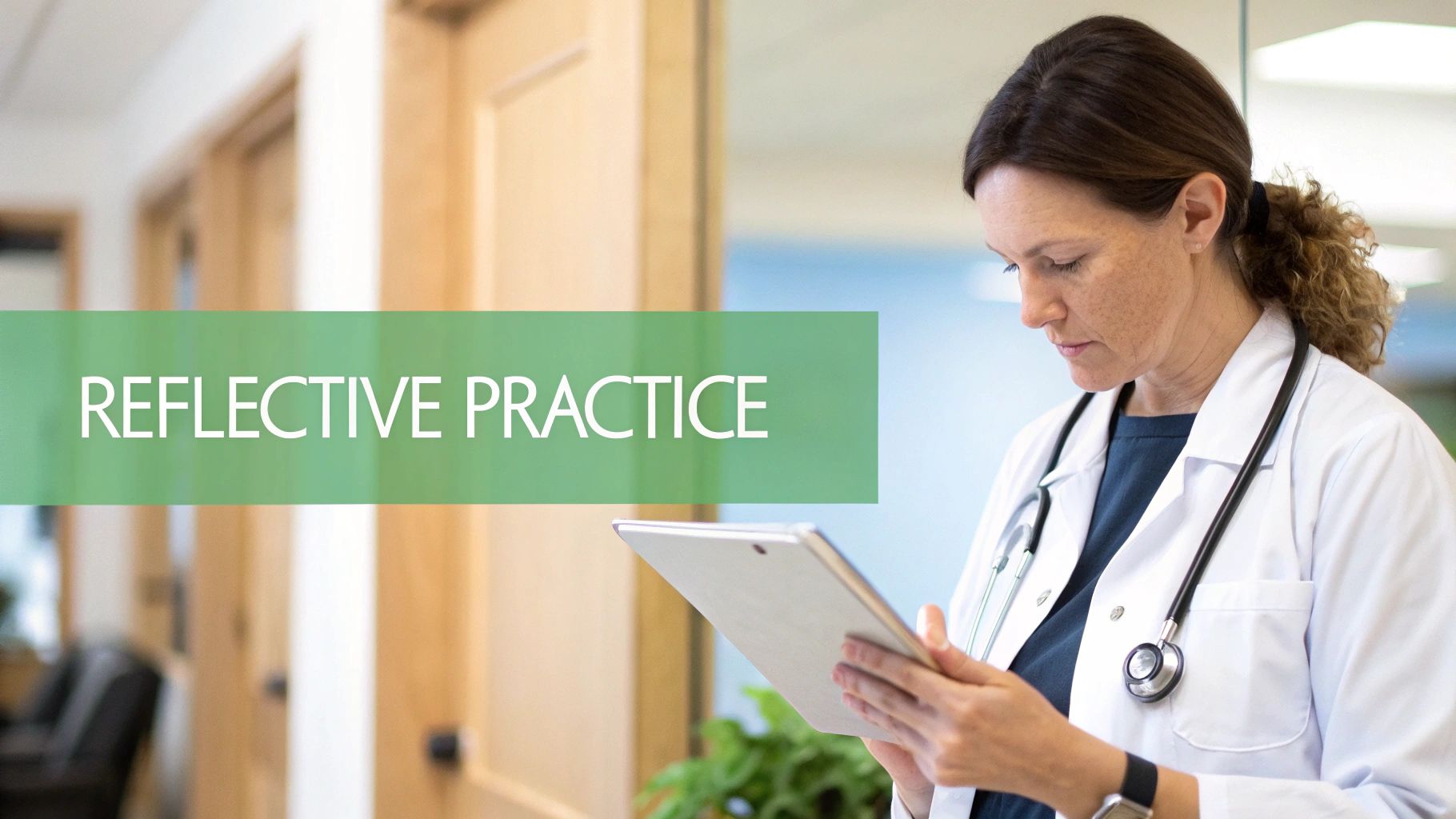 A healthcare professional in blue scrubs writing notes in a journal, reflecting on their day.