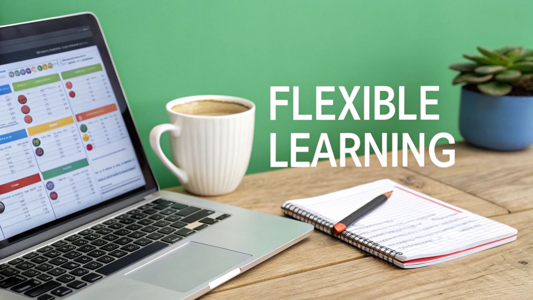 Workspace with a laptop, coffee, and notebook on a wooden desk, promoting flexible online learning.