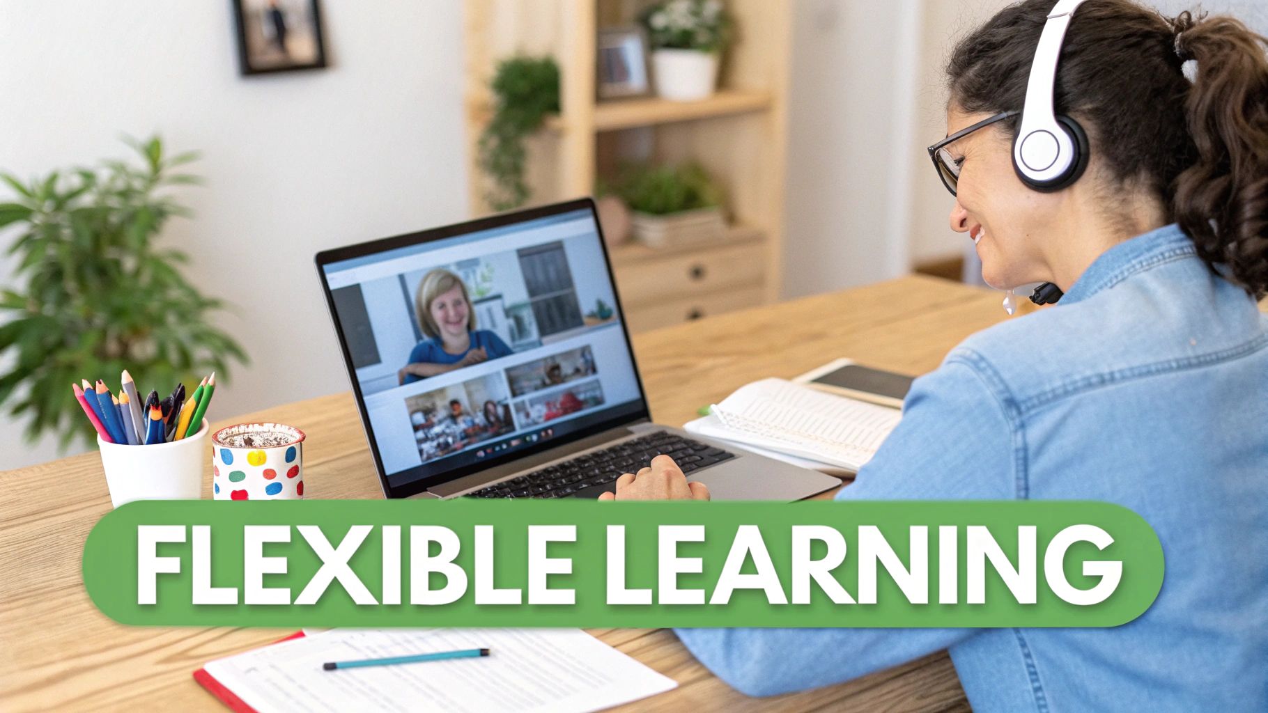 A smiling woman with headphones and glasses uses a laptop for a video call, with "FLEXIBLE LEARNING" text overlay.