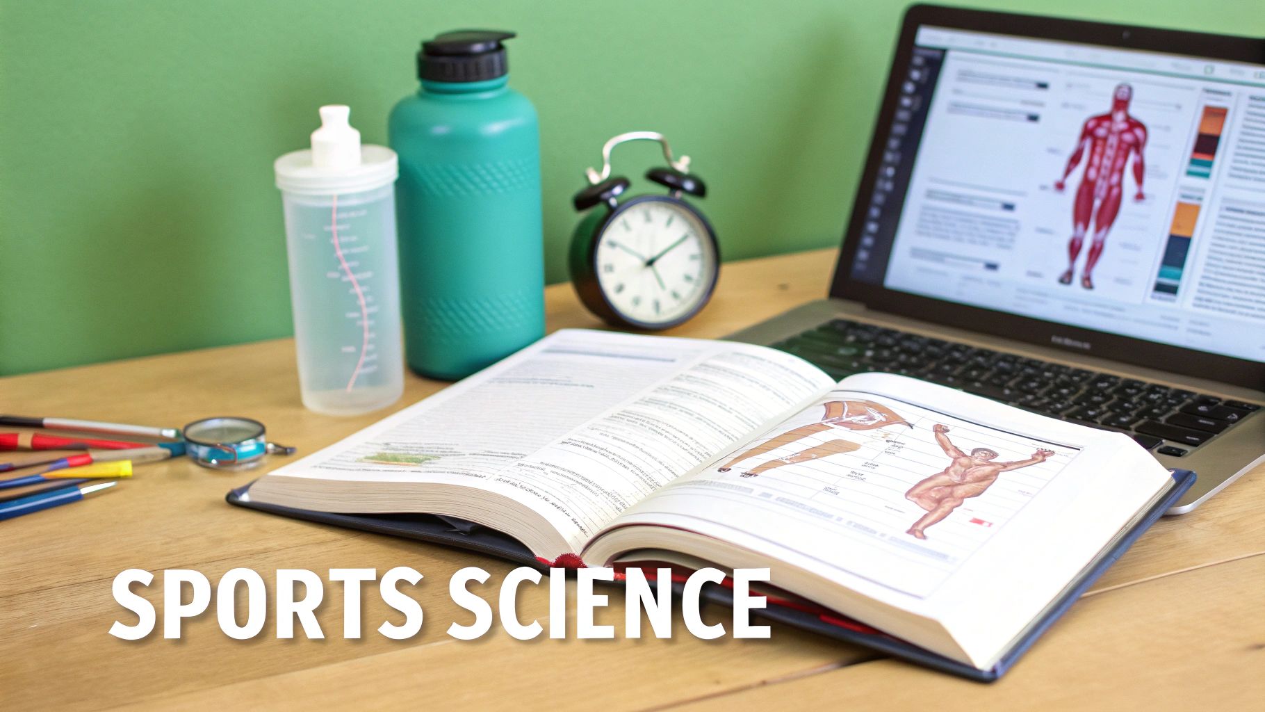 A desk setup for sports science study with a laptop showing anatomy, an open textbook, water bottles, and an alarm clock.