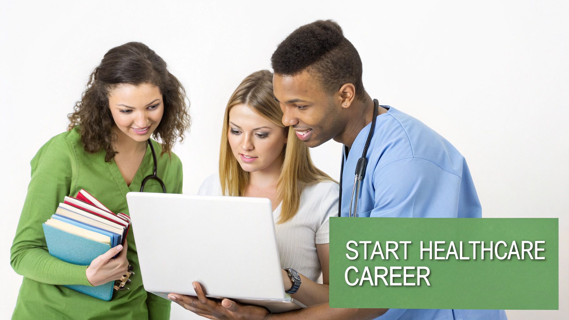 Three diverse young healthcare students collaborating with a laptop, encouraging starting a healthcare career.