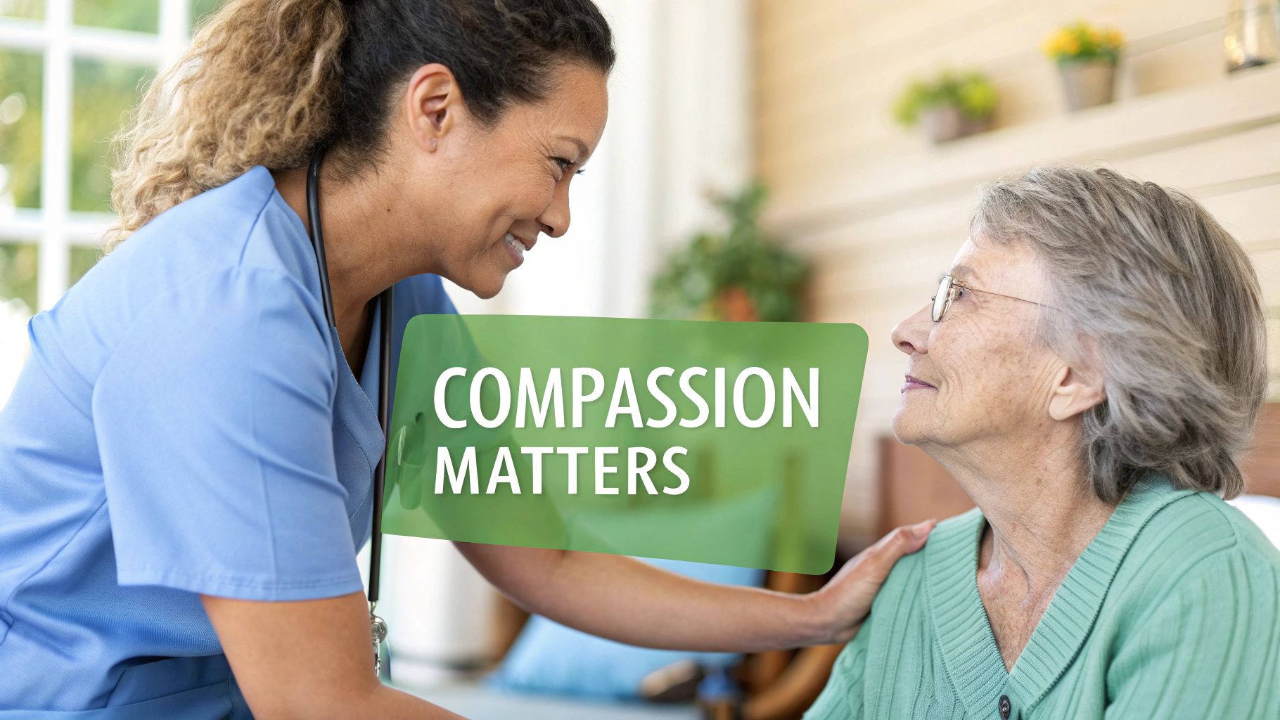 A carer helping an elderly woman in a wheelchair, both smiling warmly.