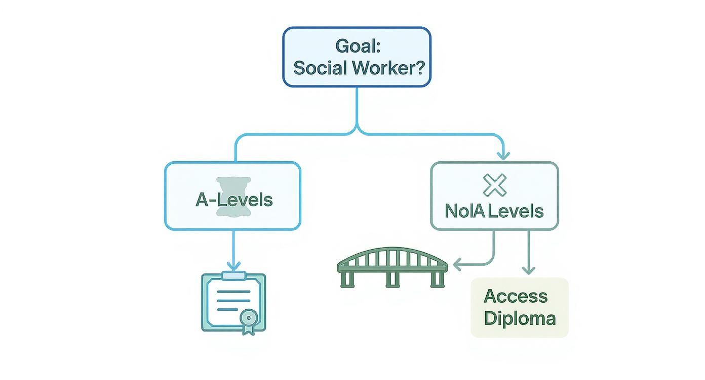 Flowchart showing pathways to become a social worker through A-Levels or Access Diploma qualifications