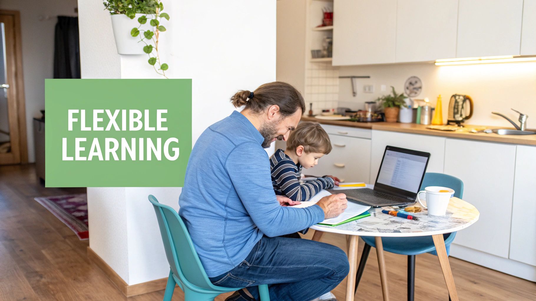 A father and child are engaged in flexible learning at home, working at a kitchen table.