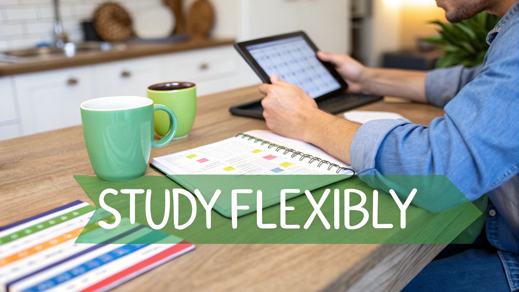 A person studies flexibly at a wooden table with a tablet, notebook, and green mugs.