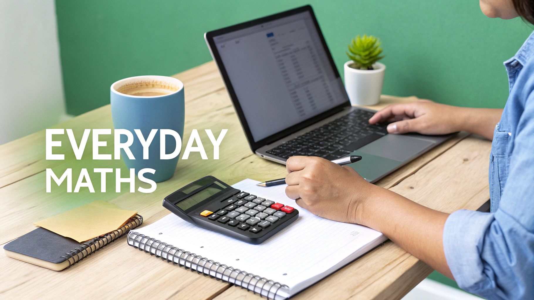 A person using a calculator and laptop to manage their budget, illustrating practical maths skills.