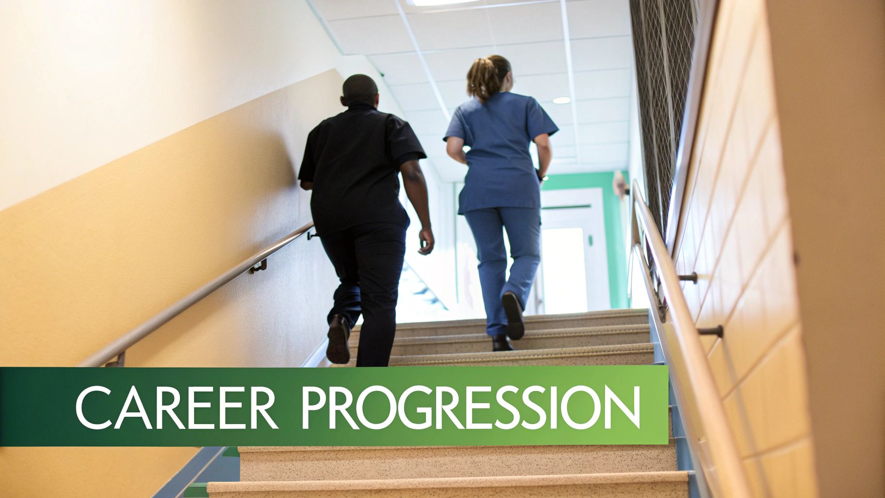 A healthcare professional guiding a junior colleague, both smiling in a bright hospital corridor.