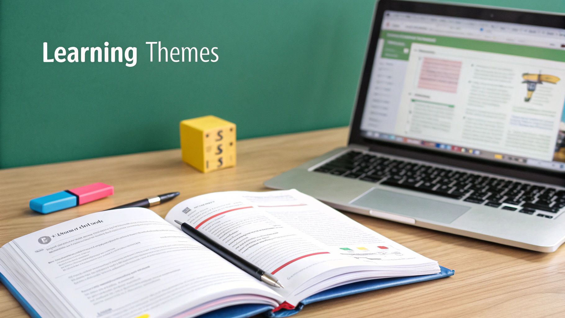 A study desk with 'Learning Themes' text, laptop, open book, pen, and highlighter.