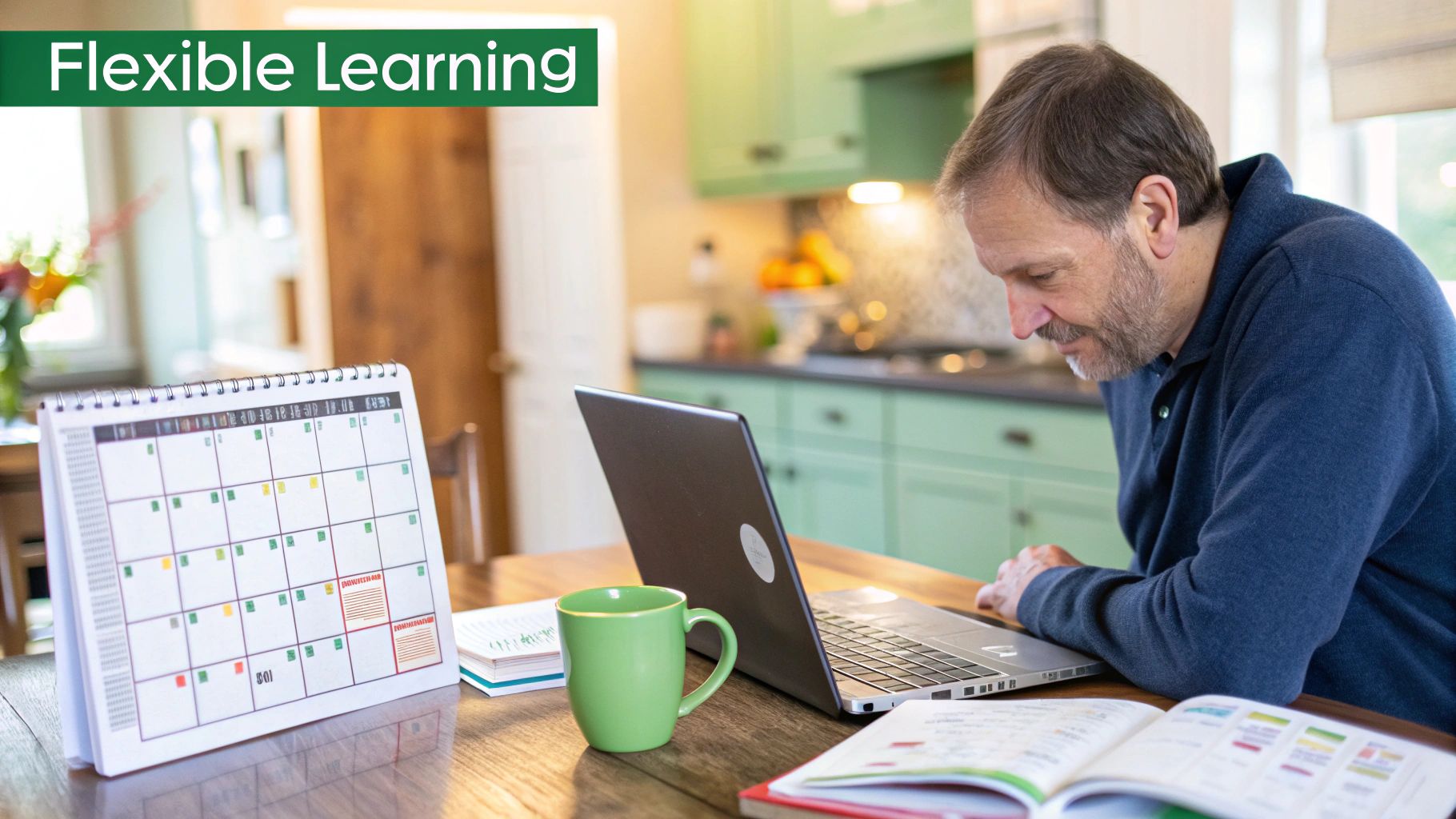 A person smiling while studying on a laptop at their kitchen table, balancing learning with daily life.