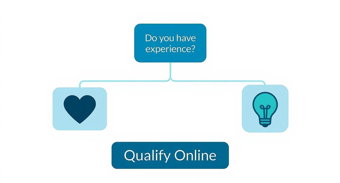 An infographic decision tree helping aspiring healthcare assistants decide on their next steps based on their experience level.
