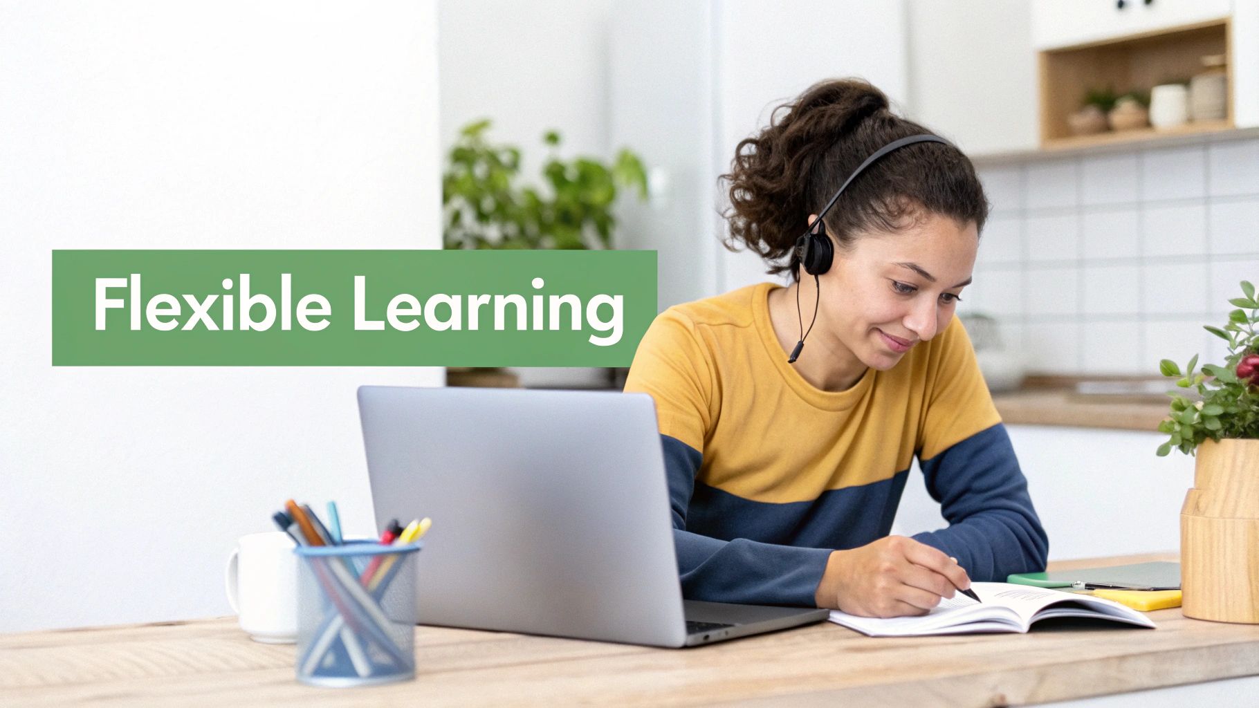 A woman studying on her laptop at home, looking focused and motivated.