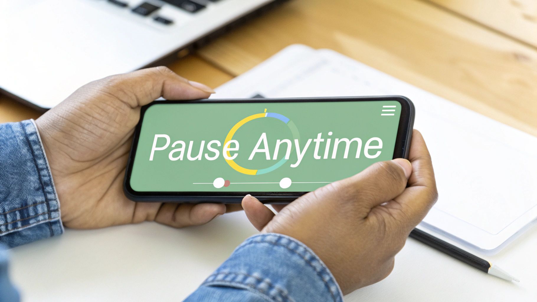 Hands holding a smartphone horizontally displaying 'Pause Anytime' text with a colorful progress circle.