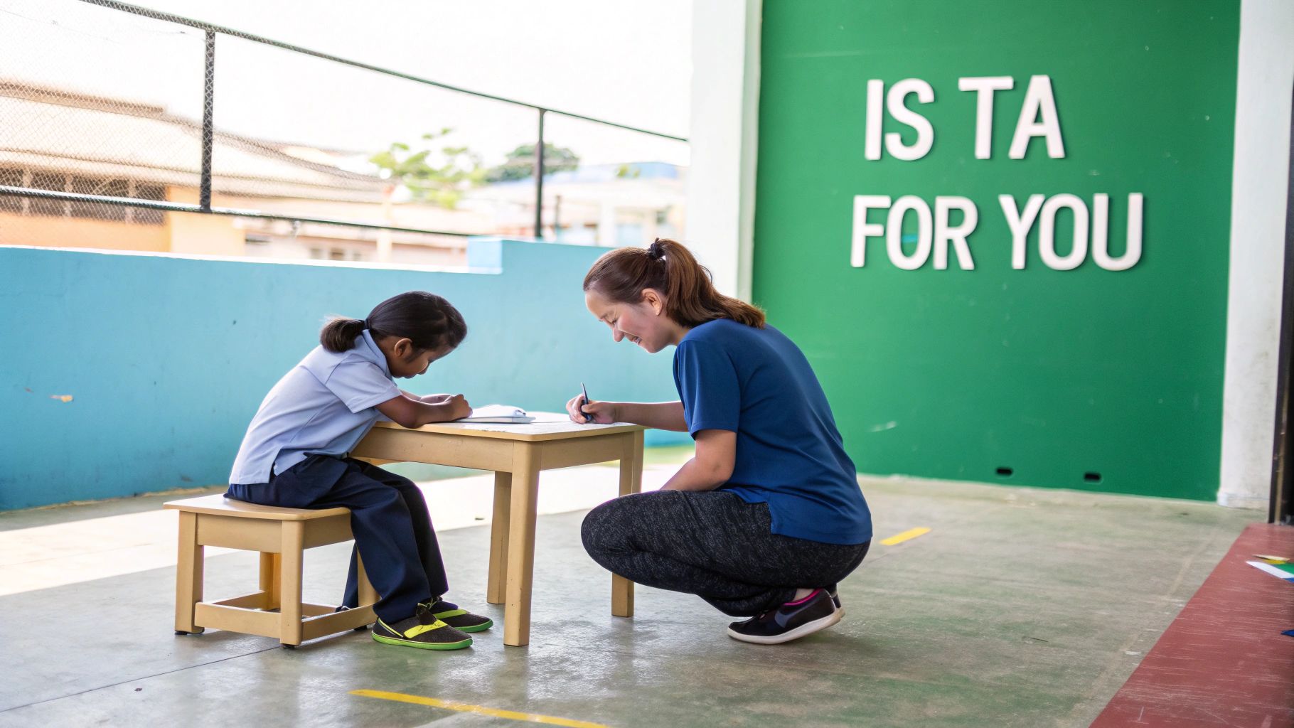 A female teaching assistant crouches, helping a young student in uniform write at a small wooden desk.