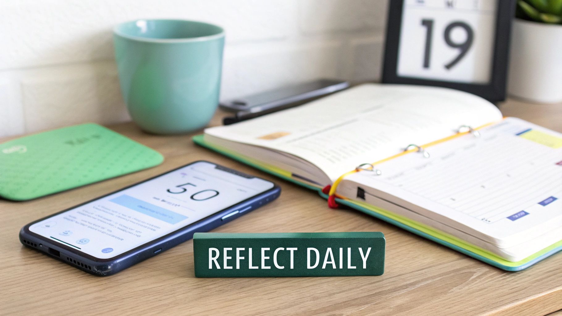 A person sitting at a desk with a laptop and a notebook, creating a plan in their calendar.