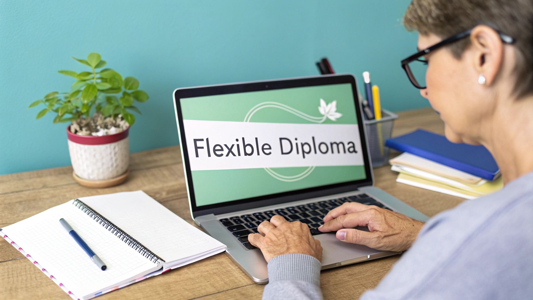 An early years educator smiling while helping a child with a creative art project.