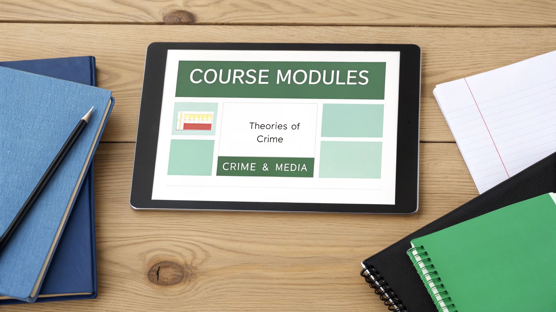 An overhead shot of a tablet displaying 'Course Modules' next to blue and green notebooks on a wooden desk.