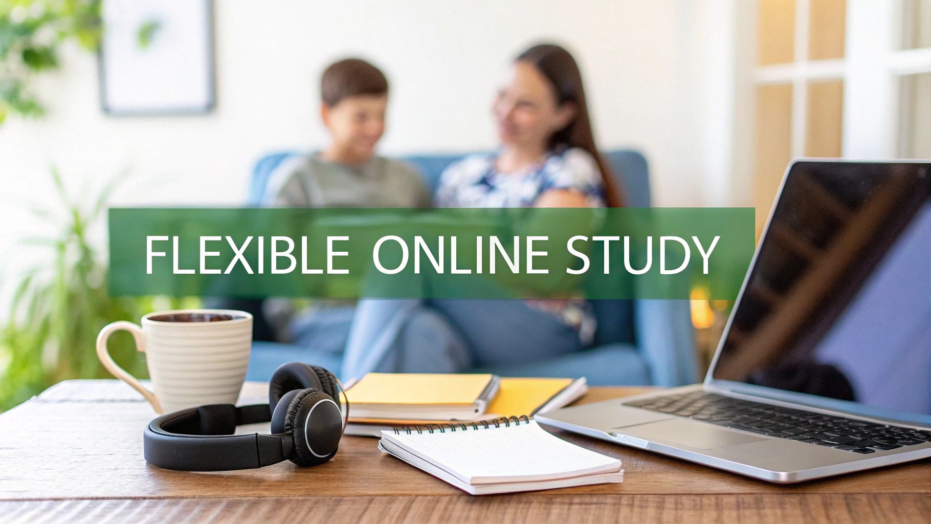 A table with a laptop, headphones, and notebooks for flexible online study, with people blurred in the background.