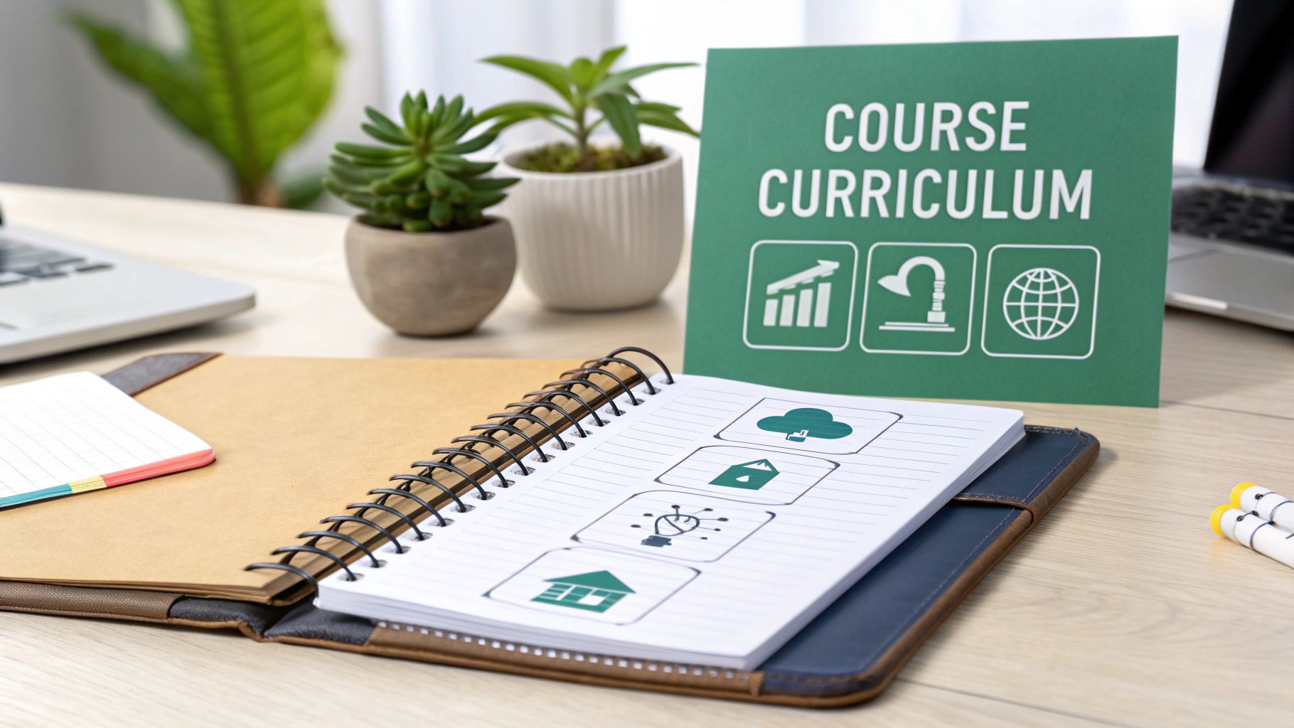 A desk with a 'COURSE CURRICULUM' sign, open notebook with icons, and plants, ready for learning.