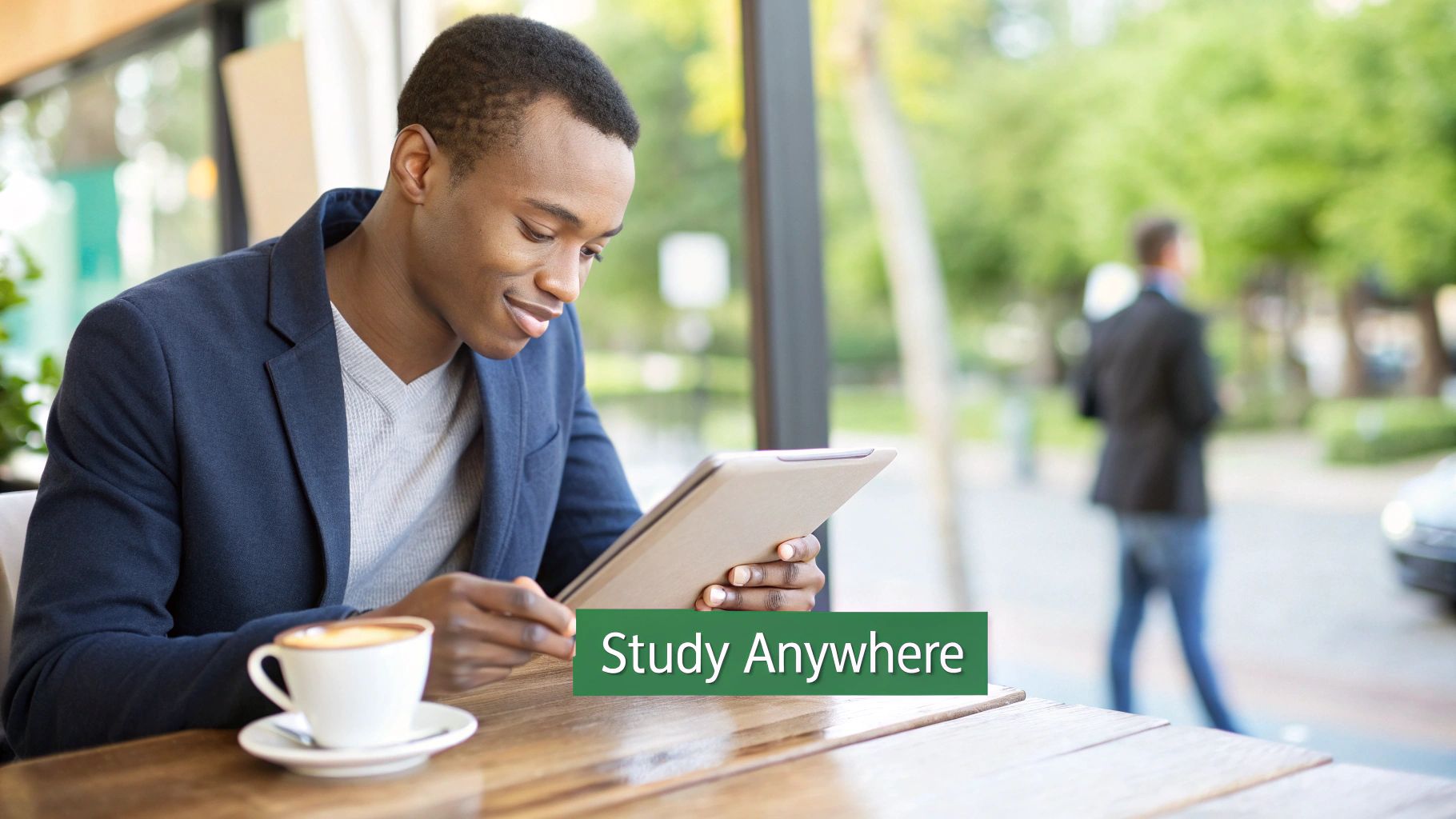 A person smiles while studying on their laptop at a desk at home.