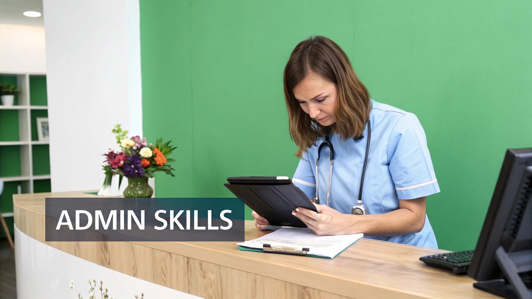 A woman in a light blue medical uniform with a stethoscope using a tablet at a reception desk.