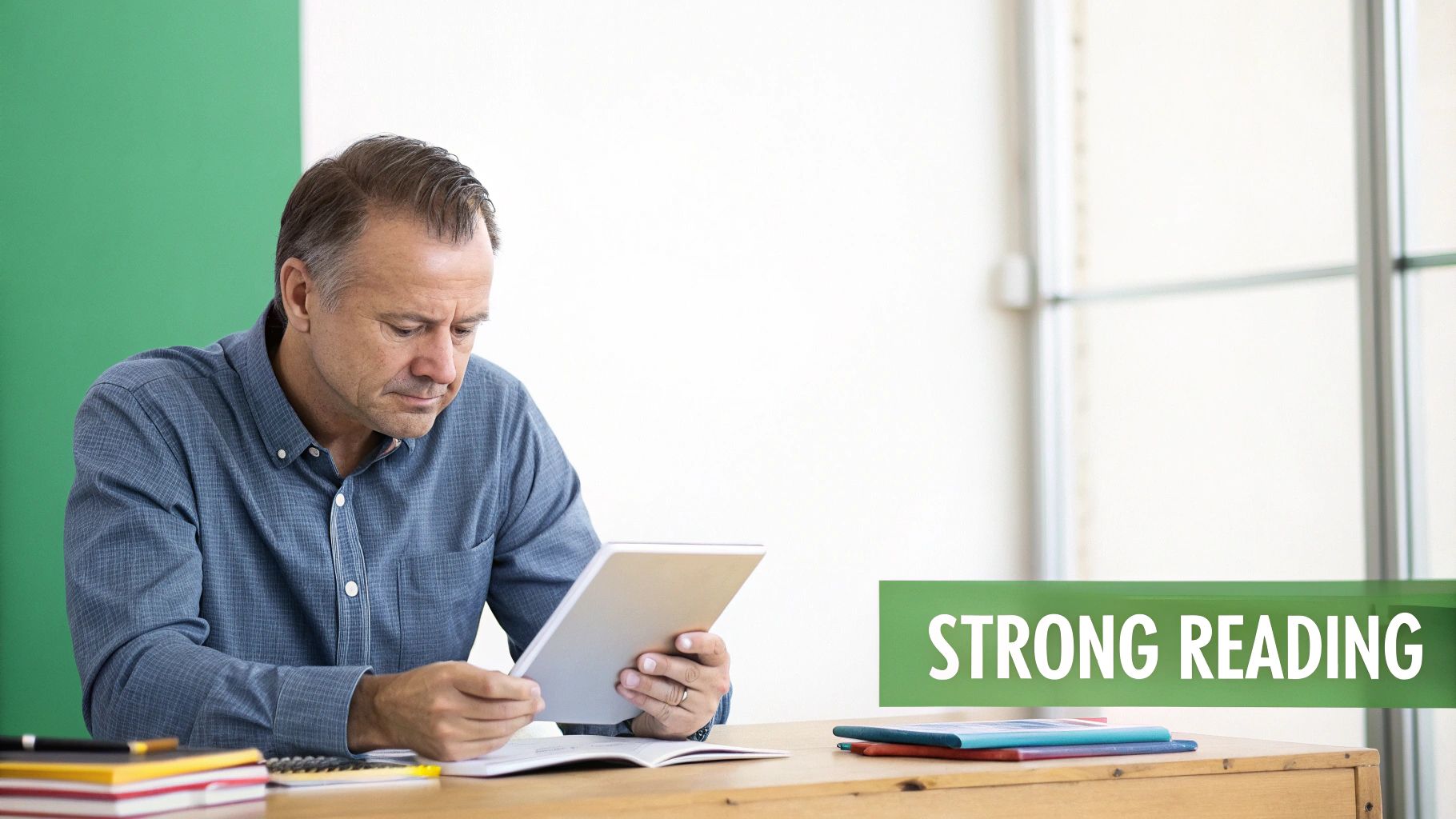 A focused man with gray hair is reading a tablet at a wooden desk with books and pens.