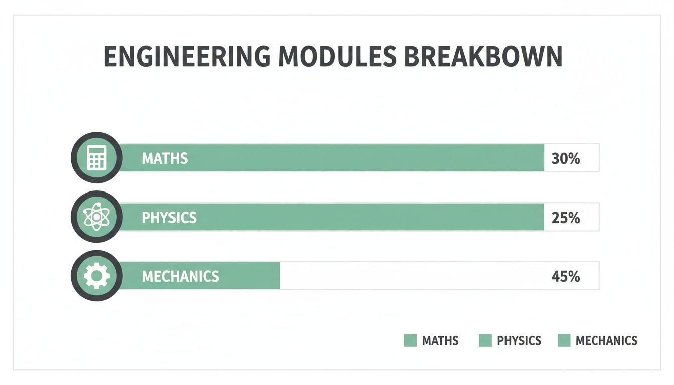Bar chart showing engineering module breakdown: Maths 30%, Physics 25%, Mechanics 45%.