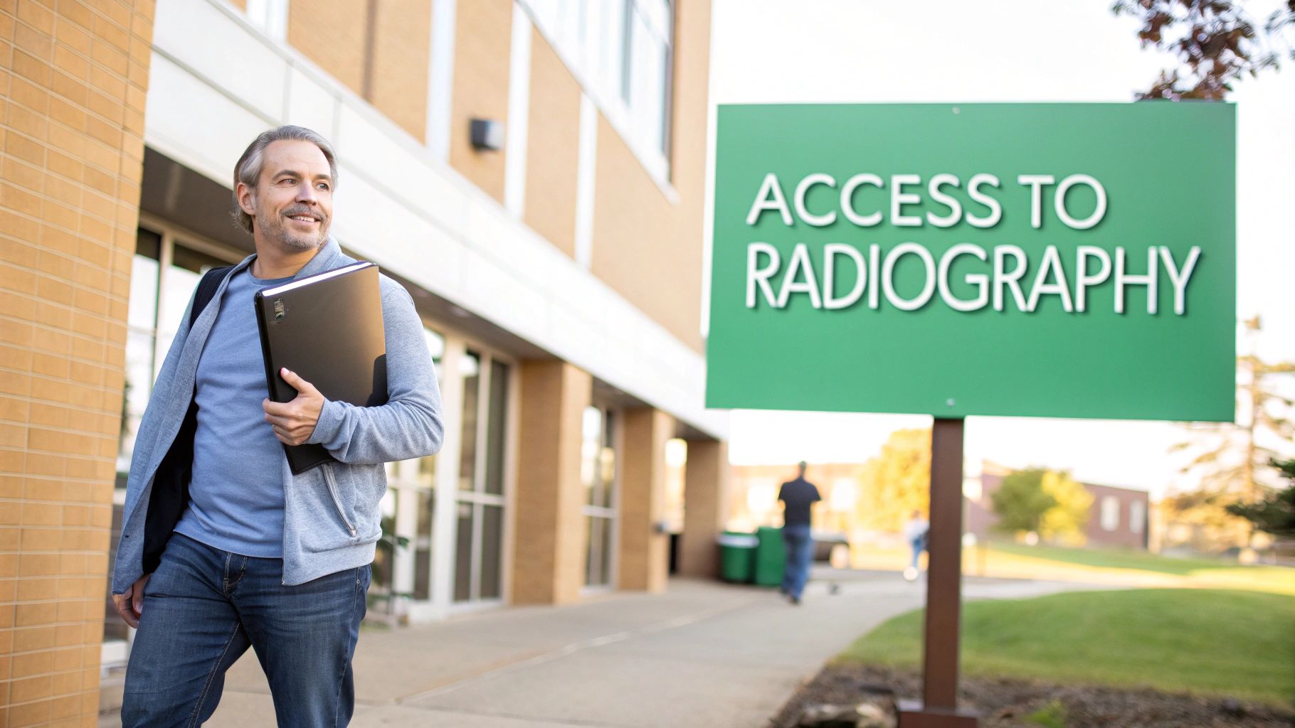 A smiling man holding a black folder walks past an 'Access to Radiography' sign.