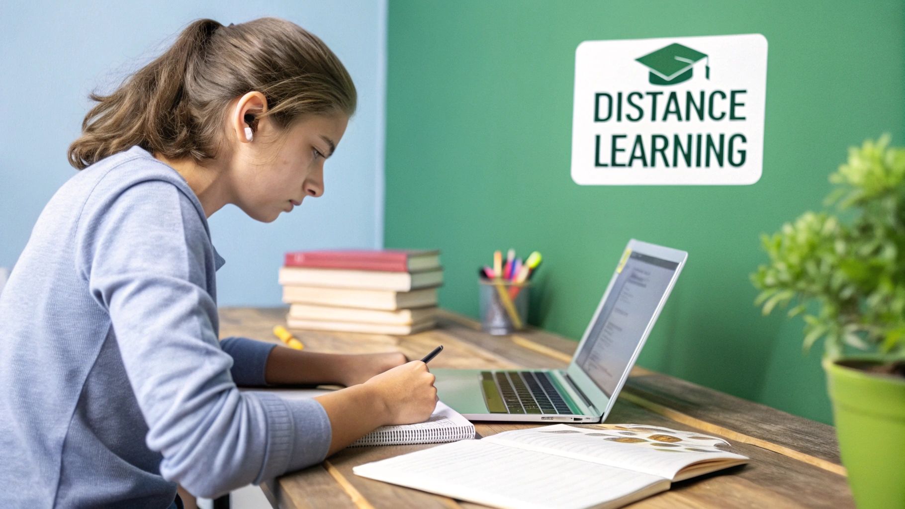 A student studying on a laptop in a comfortable home environment.