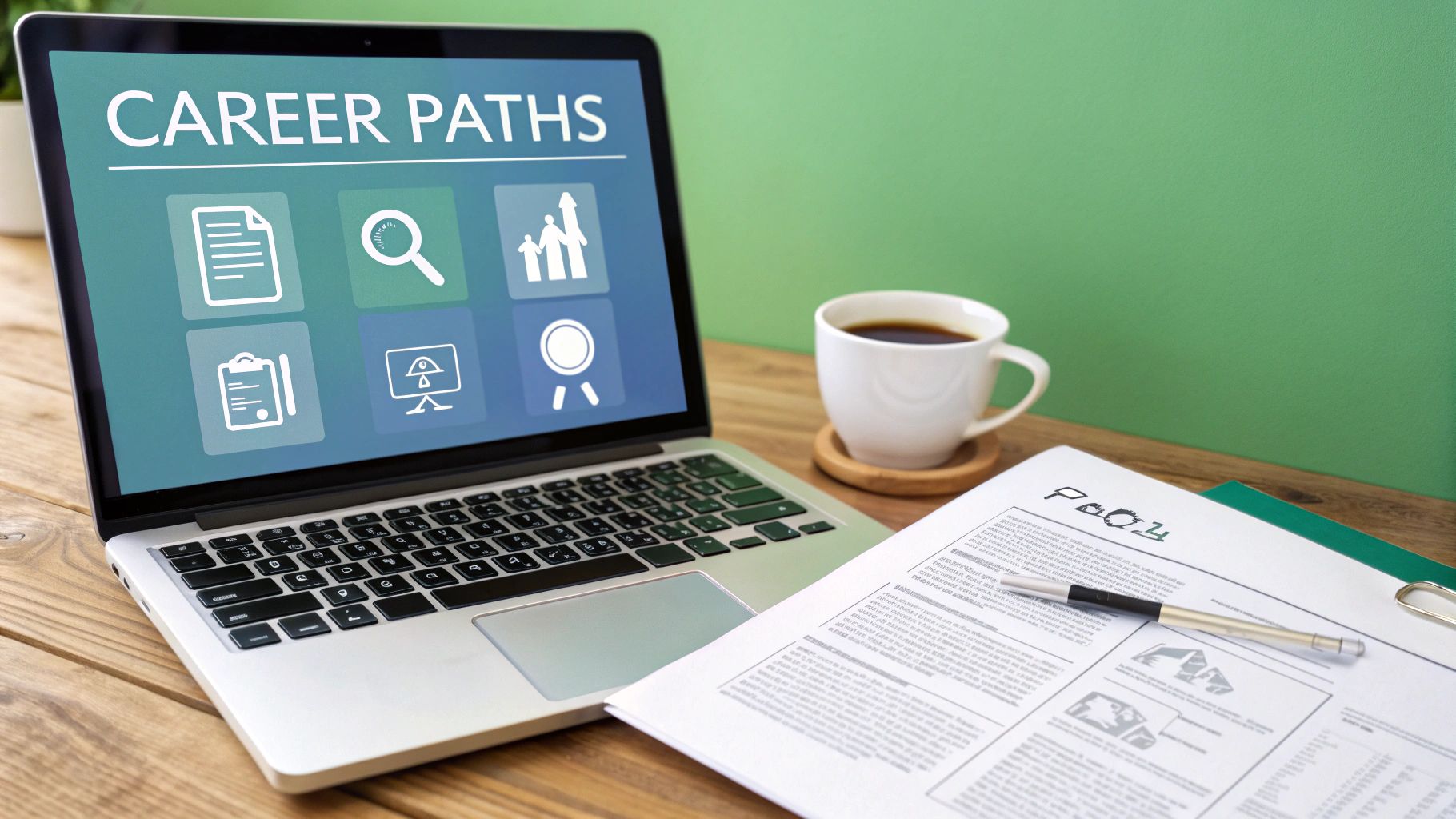 Laptop displaying 'CAREER PATHS' with icons, a coffee cup, and documents on a wooden desk.