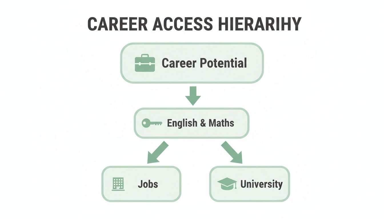 A career access hierarchy diagram showing English and Maths as key to career potential, jobs, and university.