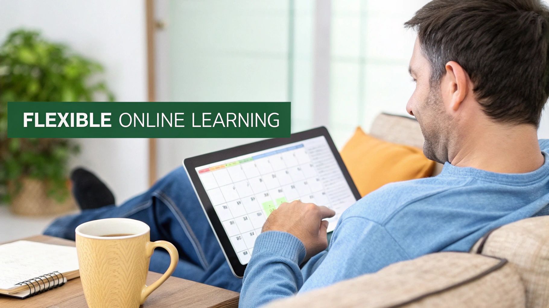 Man relaxing on a couch, using a tablet for flexible online learning at home.