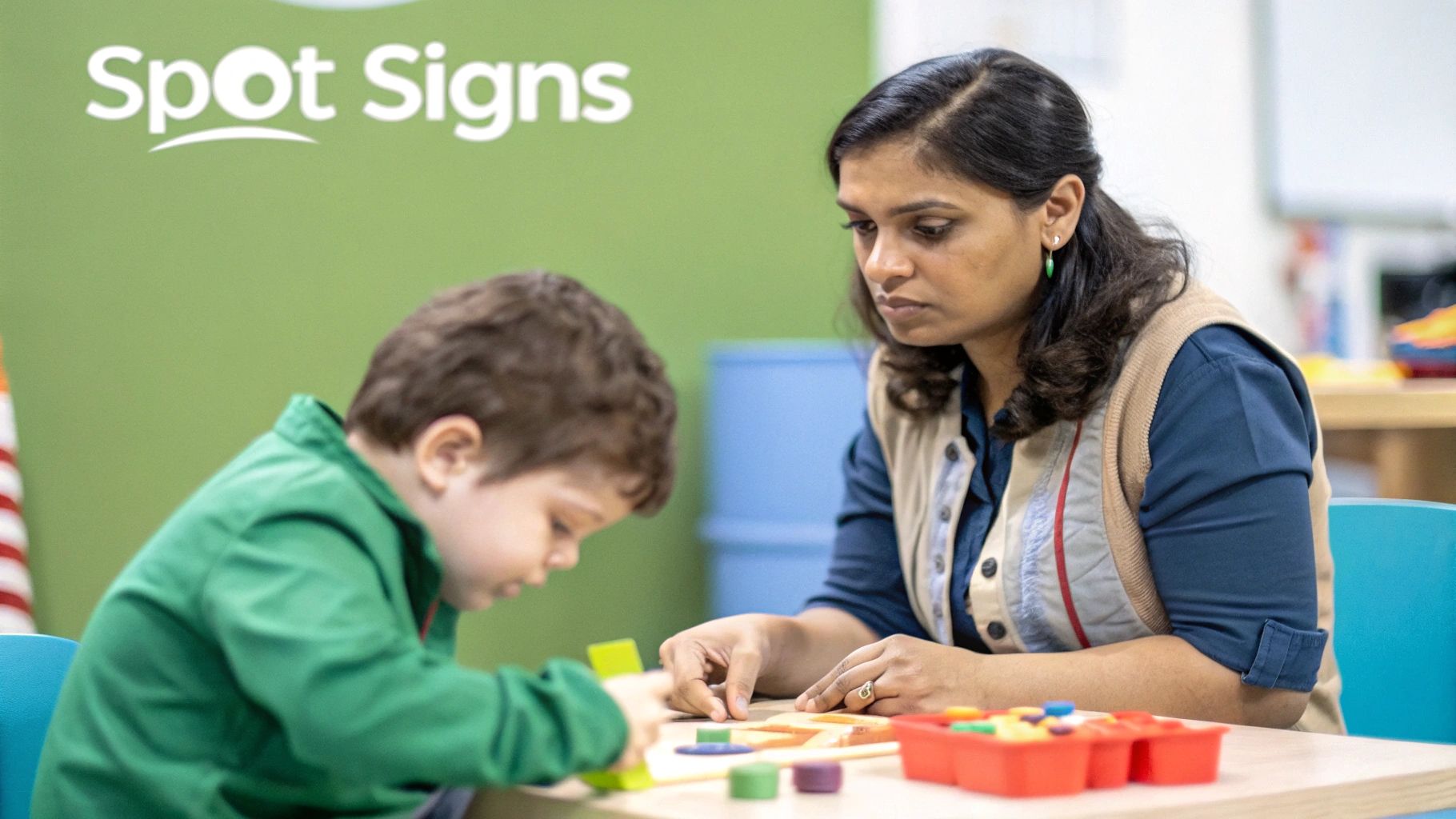 A caring educator gently talking to a young child in a bright, safe playroom setting.