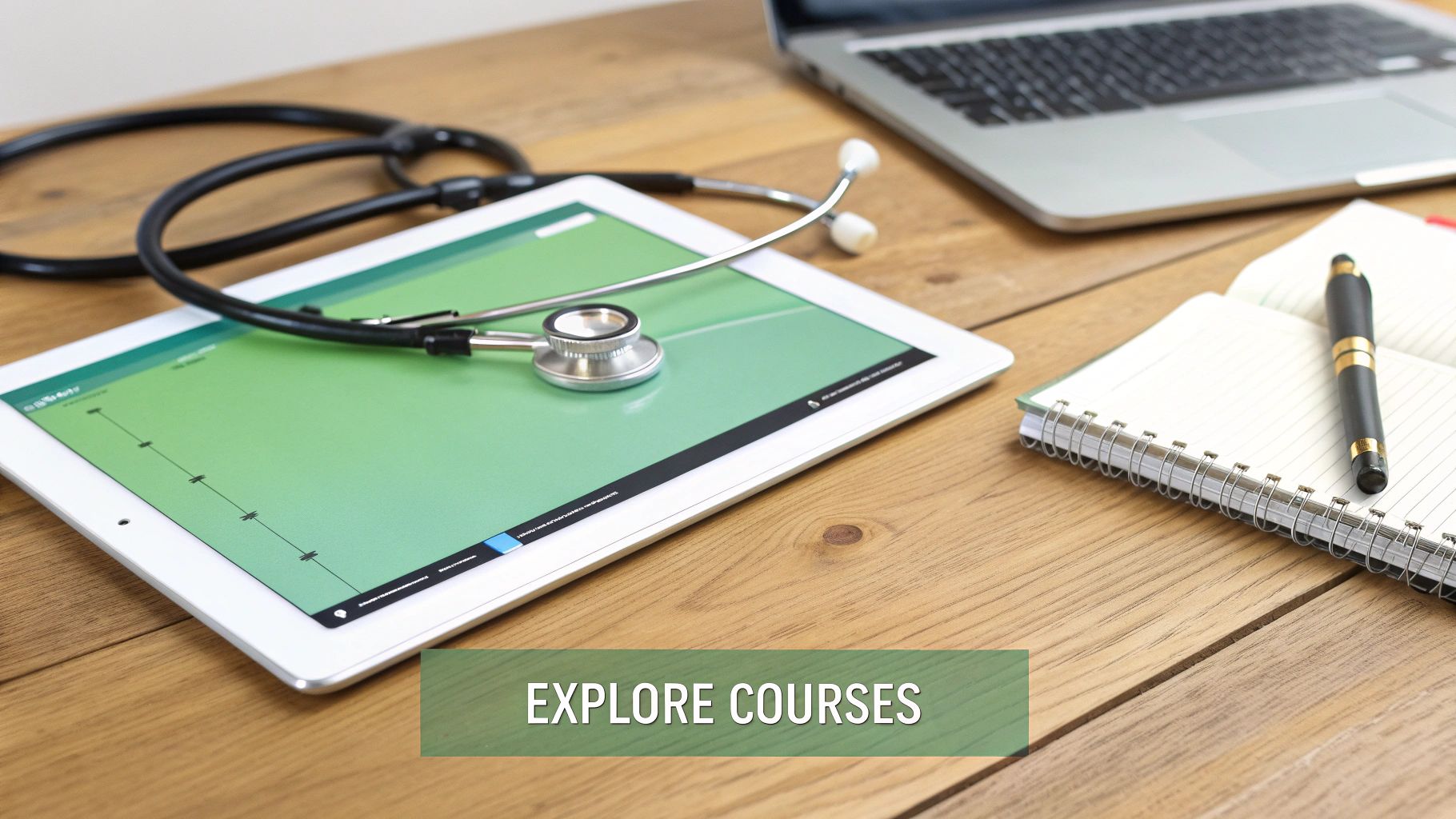 Medical stethoscope on tablet with laptop, notebook and pen for online healthcare education courses