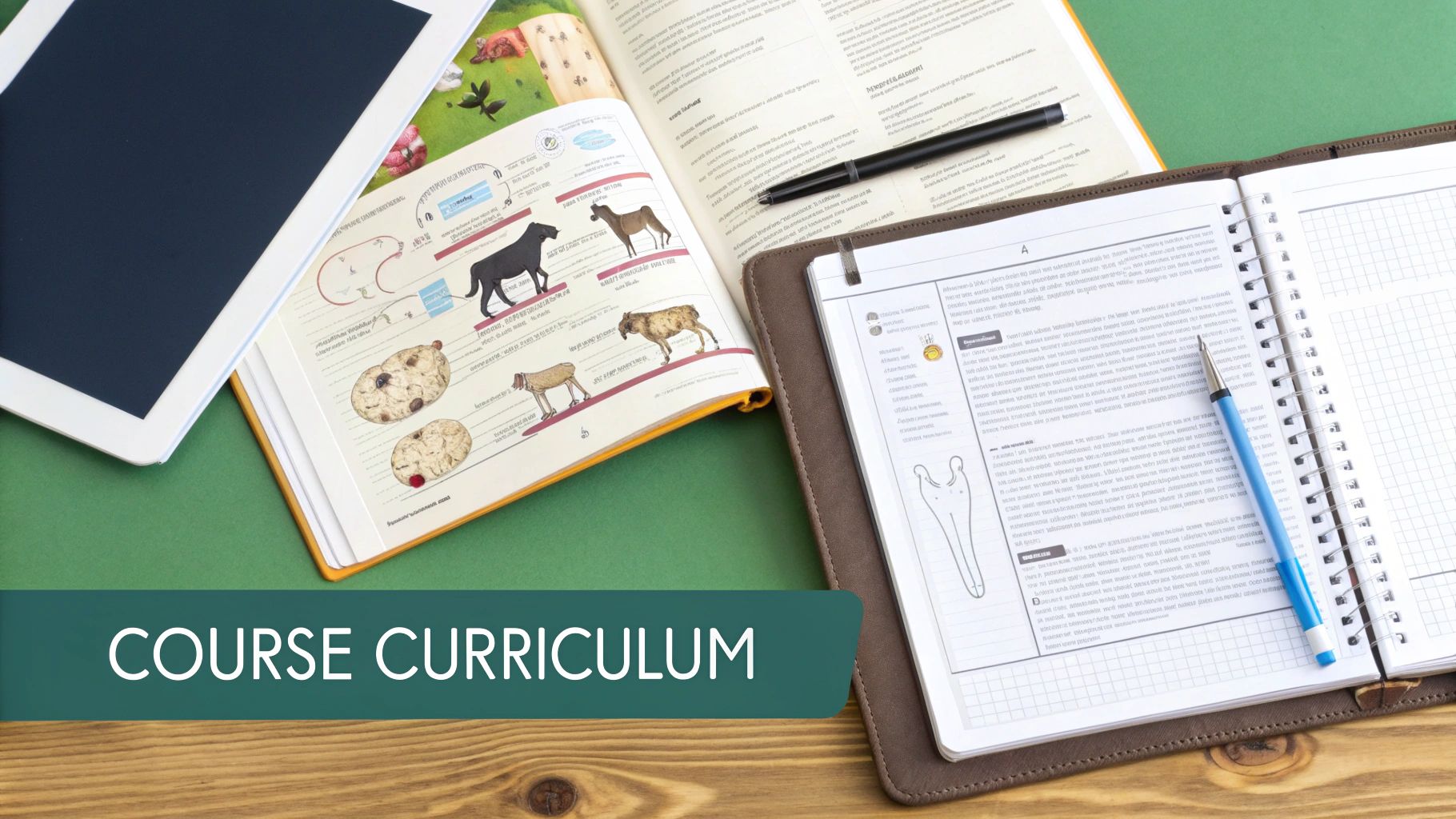 An overhead shot of educational materials including a tablet, an open textbook showing animal diagrams, and a notebook with a pen.