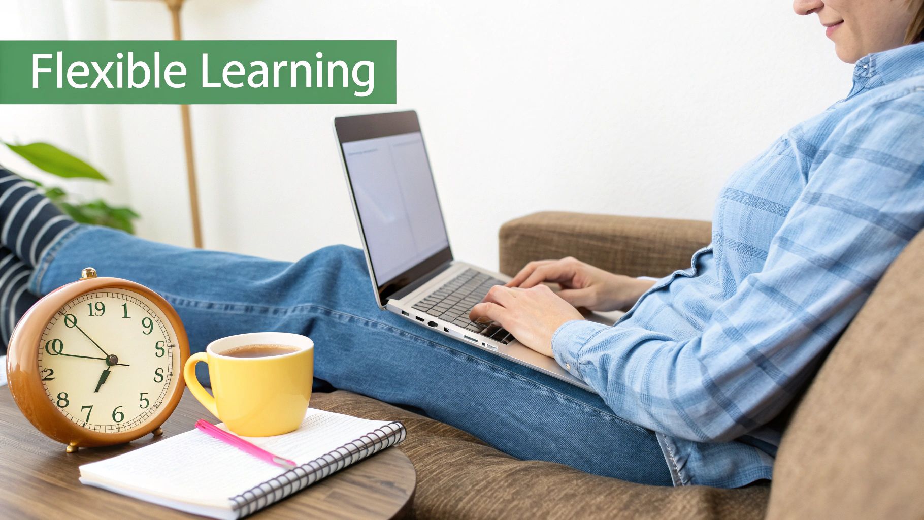 Person studying flexibly on a laptop from a sofa at home, with a clock and coffee nearby.
