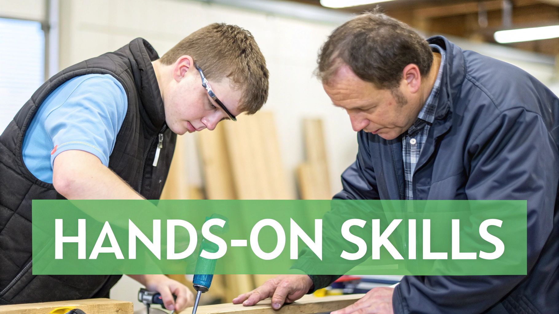 Two men working together on a woodworking project, demonstrating practical hands-on skills in a workshop.