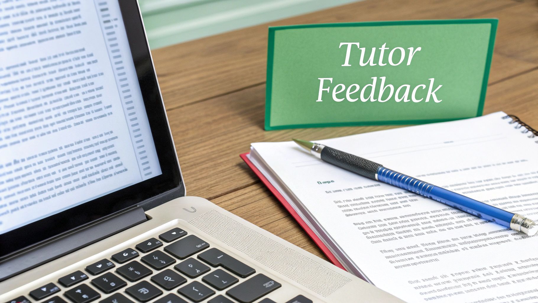 A laptop, notebook, pen, and a green 'Tutor Feedback' sign on a wooden desk.