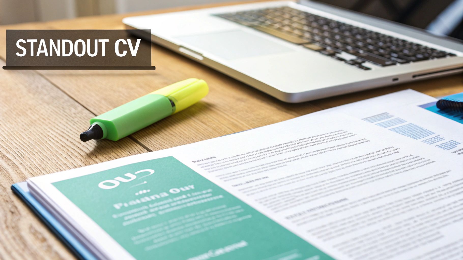 Professional desk setup with a laptop, highlighter, and a document displaying 'STANDOUT CV' for job applications.