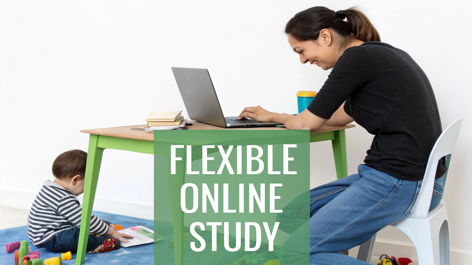 Smiling woman works on a laptop at home while a baby plays nearby, highlighting flexible online study.