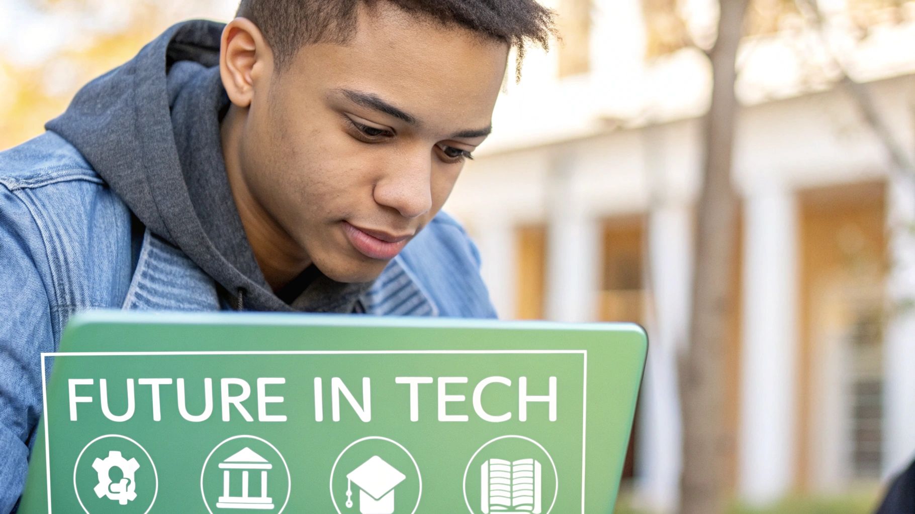 A young man intently looks at a laptop screen displaying 'FUTURE IN TECH' with icons.