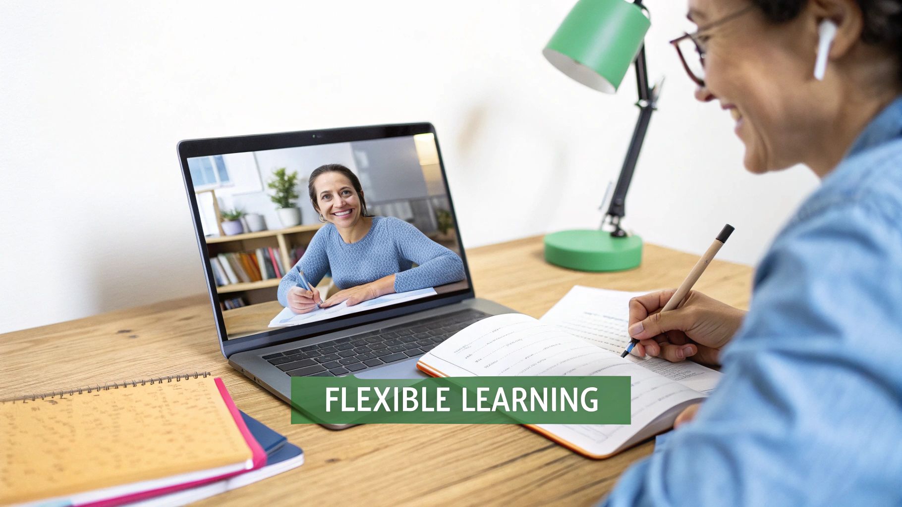 Smiling person learning online with a tutor on a laptop, writing notes.
