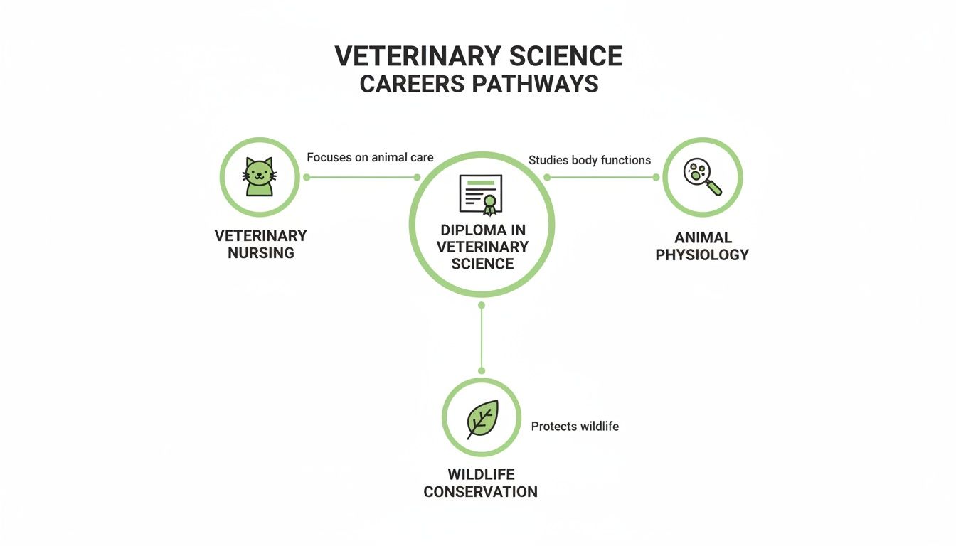 Diagram illustrating veterinary science career pathways: nursing, animal physiology, and wildlife conservation.