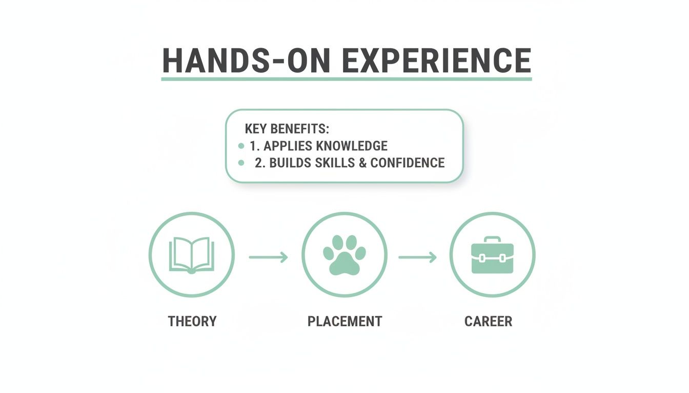 An infographic detailing the benefits of hands-on experience, showing the path from theory to placement and career.