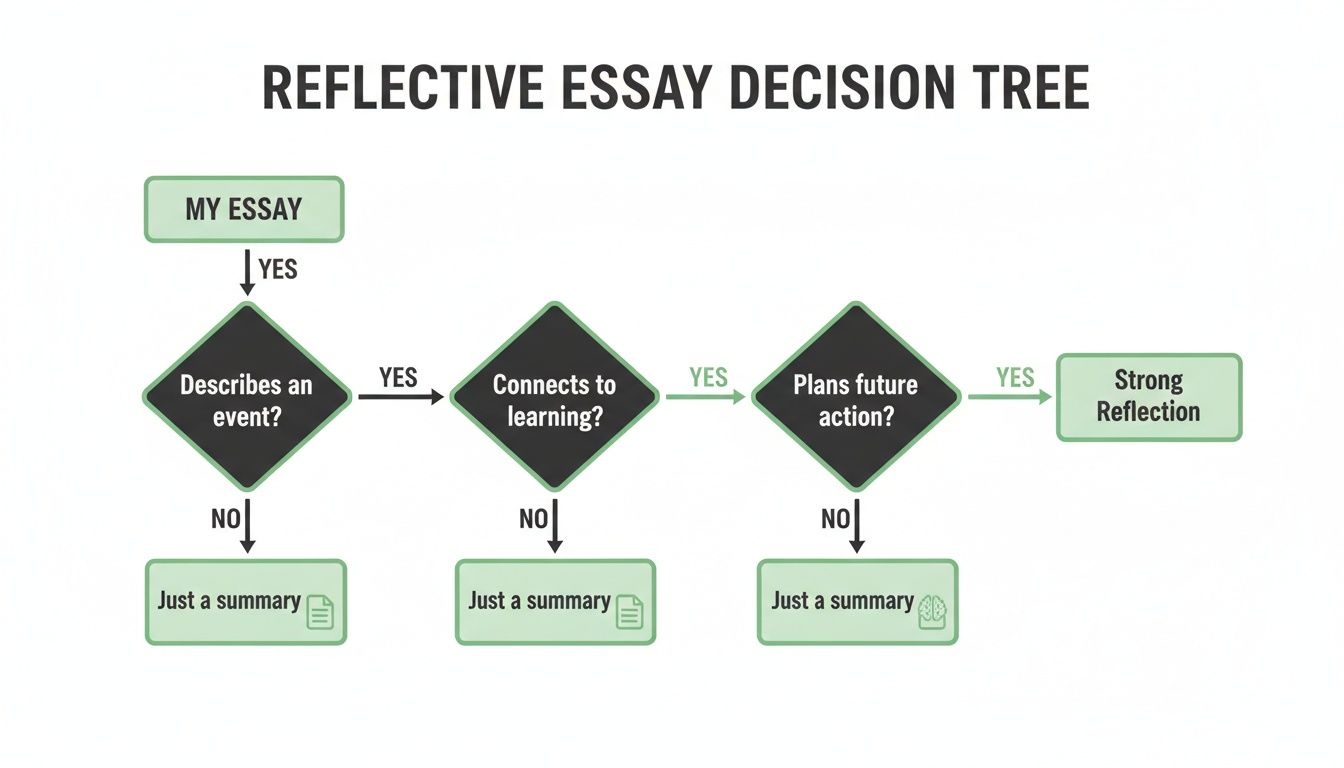 Flowchart illustrating the decision steps for writing a strong reflective essay.